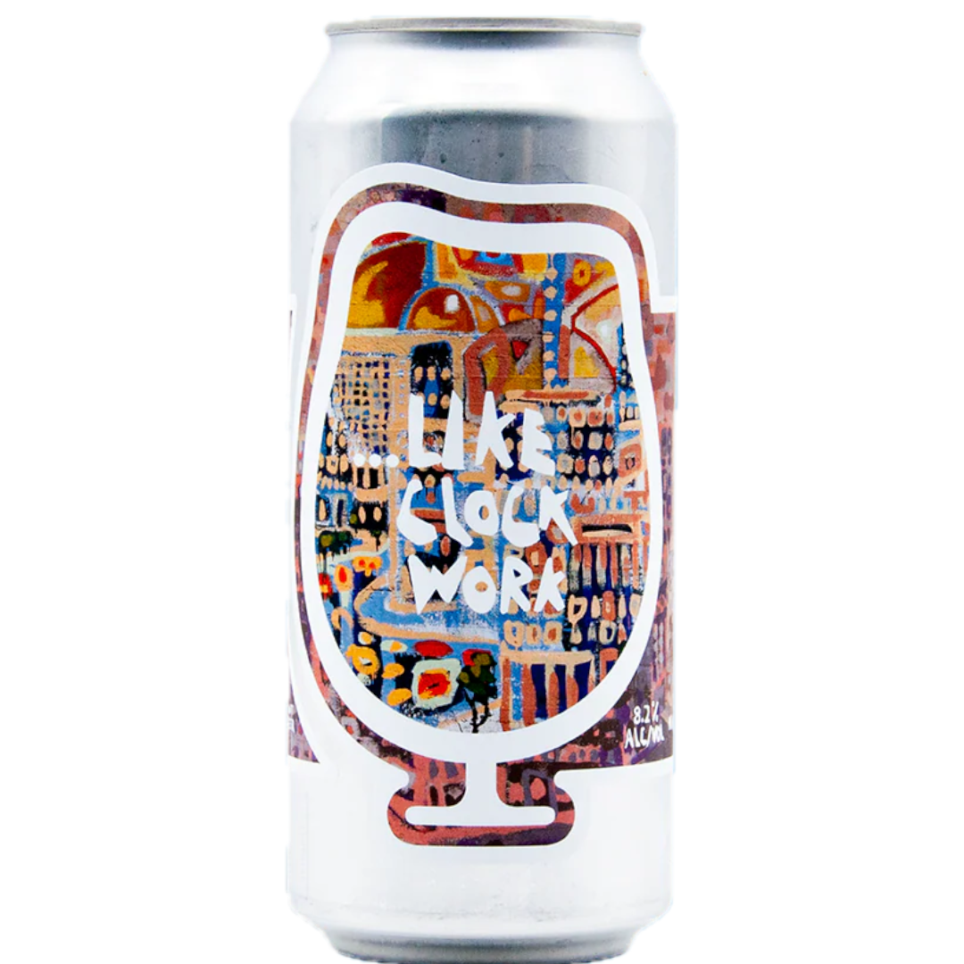 Stowe Public House & Bottle Shop Like Clockwork IPA can with abstract city art and tasting notes of orange, pineapple, and pine.