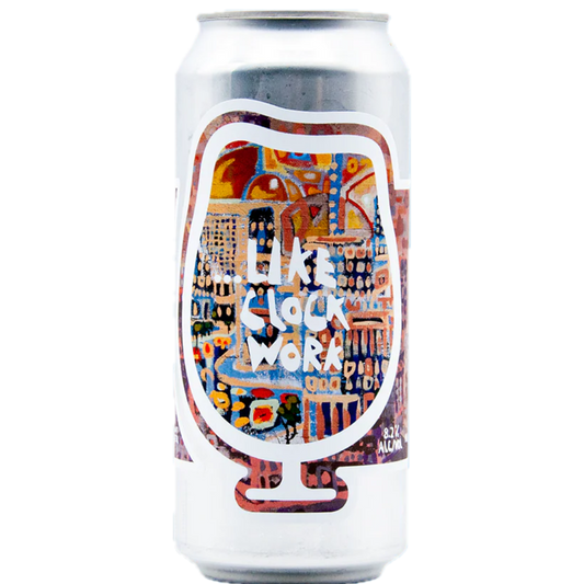 Stowe Public House & Bottle Shop Like Clockwork IPA can with abstract city art and tasting notes of orange, pineapple, and pine.