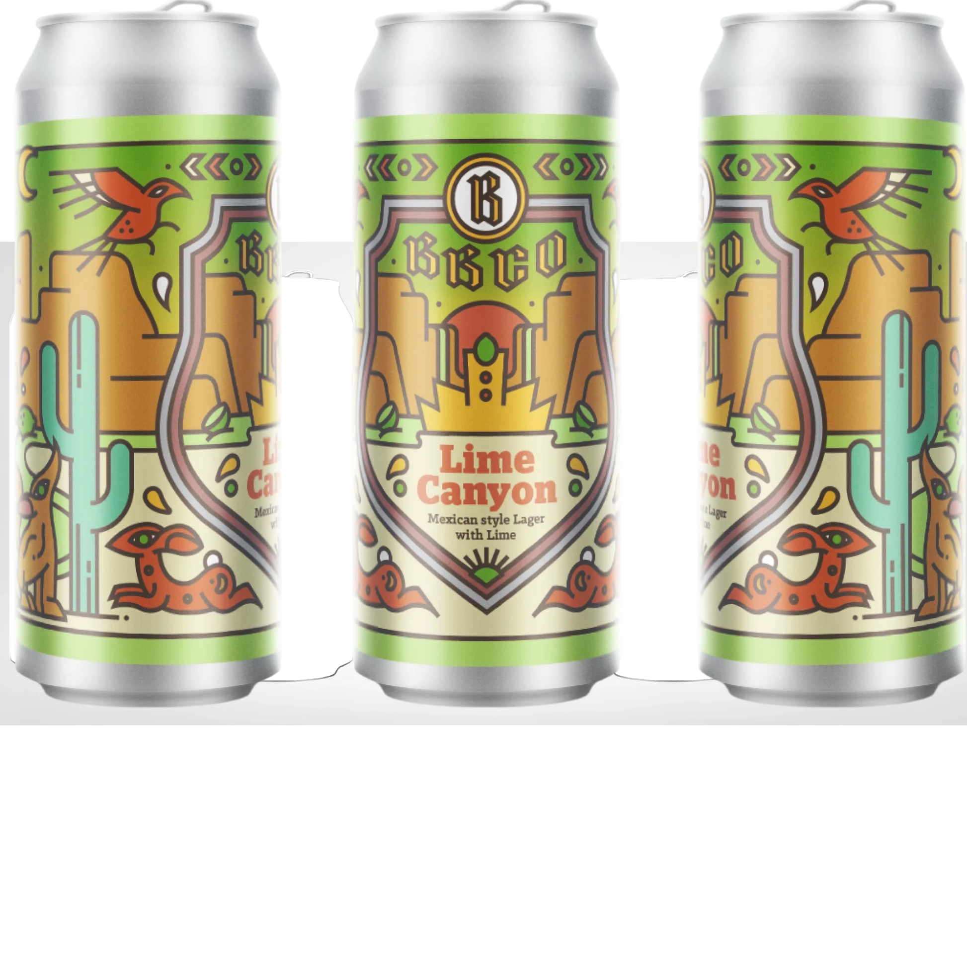 Stowe Public House & Bottle Shop Lime Canyon Mexican Lager can with desert landscape, cacti, birds, and coyotes.