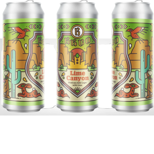Stowe Public House & Bottle Shop Lime Canyon Mexican Lager can with desert landscape, cacti, birds, and coyotes.
