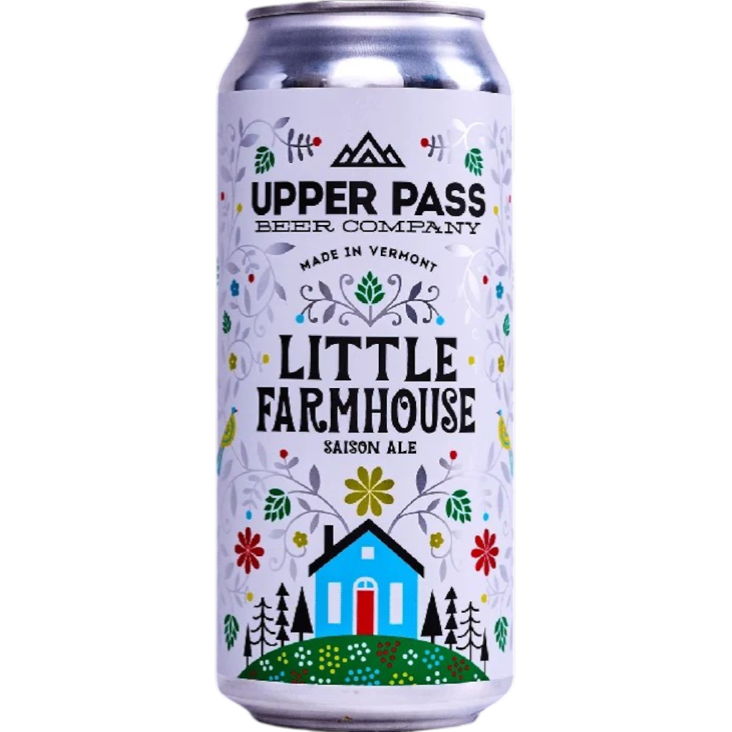 Stowe Public House & Bottle Shop Upper Pass Little Farmhouse Saison Ale can with a white label featuring a blue farmhouse, trees, and colorful floral designs.