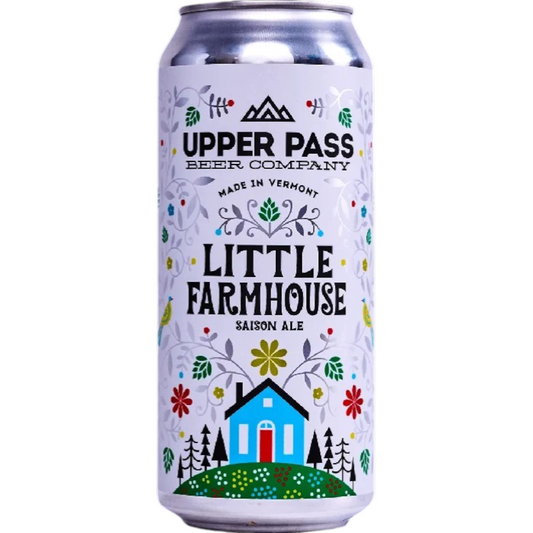 Stowe Public House & Bottle Shop Upper Pass Little Farmhouse Saison Ale can with a white label featuring a blue farmhouse, trees, and colorful floral designs.