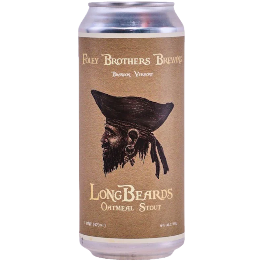 Stowe Public House & Bottle Shop Longbeard's Oatmeal Stout can featuring a pirate illustration. Brewed with oats, midnight wheat, chocolate, and caramel notes.