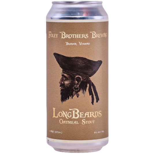 Stowe Public House & Bottle Shop Longbeard's Oatmeal Stout can featuring a pirate illustration. Brewed with oats, midnight wheat, chocolate, and caramel notes.
