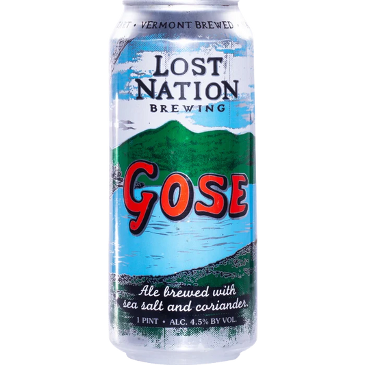 Lost Nation Brewing Gose ale brewed with sea salt and coriander, featuring a landscape with mountains and water.