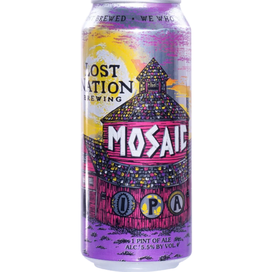Stowe Public House & Bottle Shop Lost Nation Brewing Mosaic IPA can. Features a pink barn with a yellow and purple abstract background.