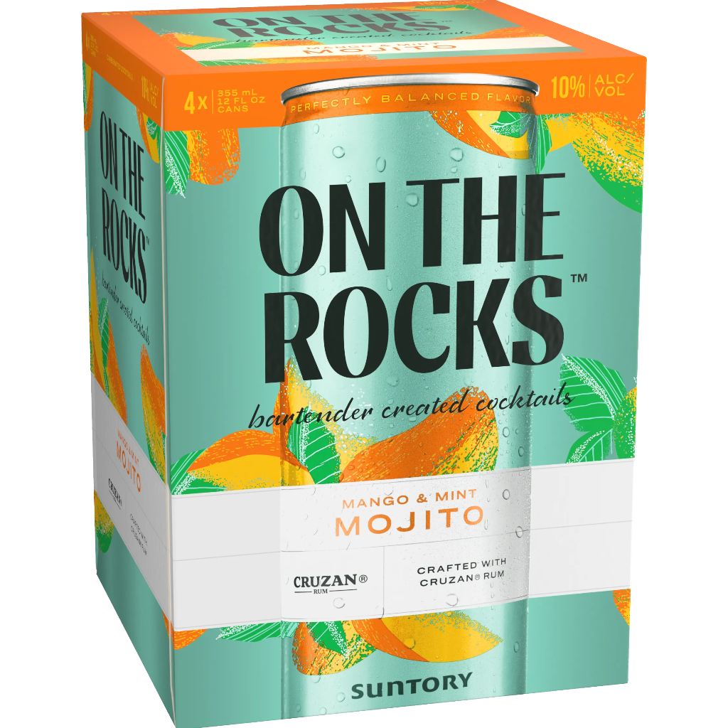 Stowe Public House & Bottle Shop On the Rocks Mango & Mint Mojito canned cocktails. 4x 355ml cans, 10% ABV.