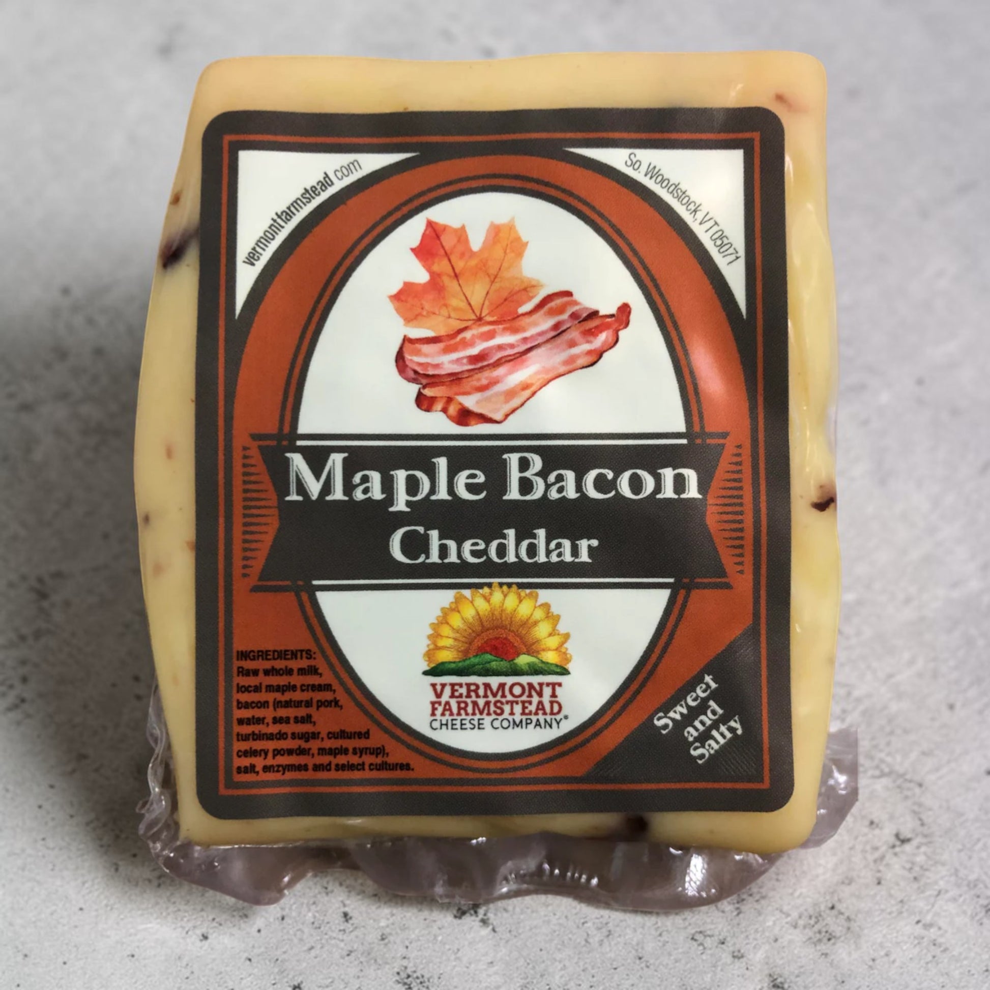 Stowe Public House & Bottle Shop Vermont Farmstead Maple Bacon Cheddar cheese with bacon bits and maple cream.