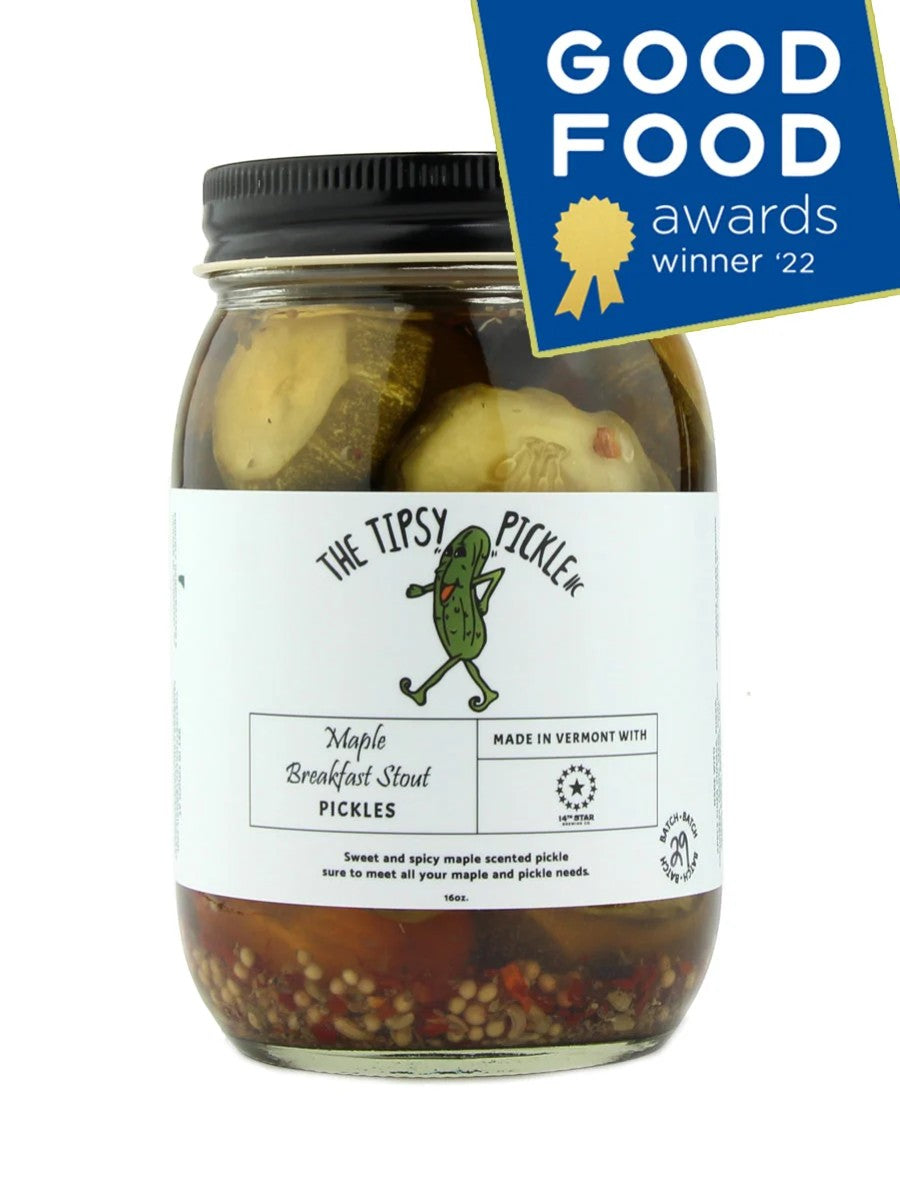 Stowe Public House & Bottle Shop's Tipsy Pickle Maple Breakfast Stout pickles in a jar, sweet and spicy with maple flavor.