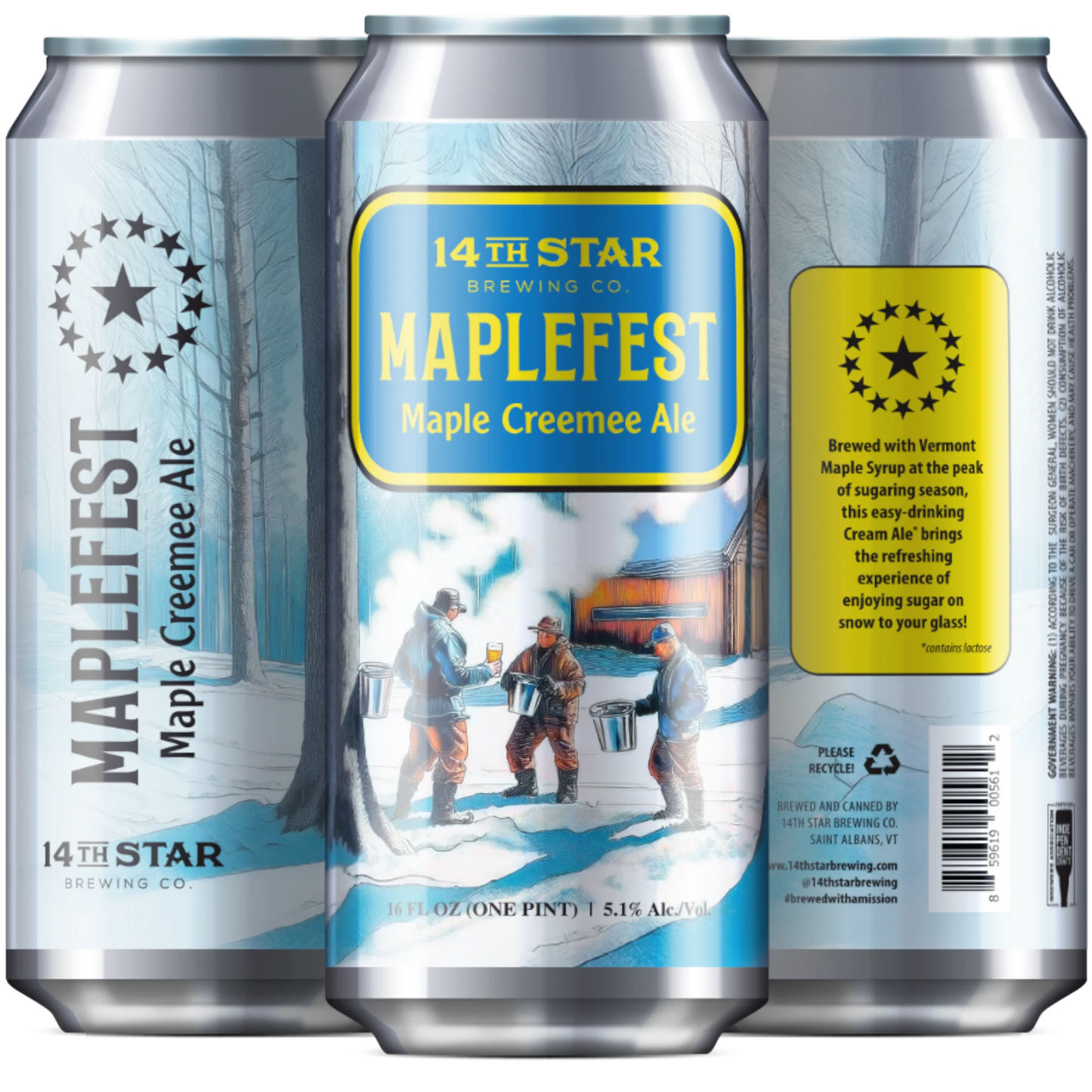 Stowe Public House 14th Star Brewing Co. Maple Creemee Ale can, featuring a winter scene with people collecting sap.