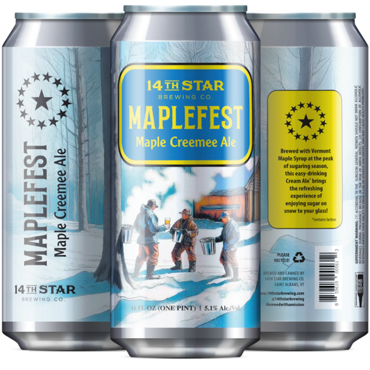 Stowe Public House 14th Star Brewing Co. Maple Creemee Ale can, featuring a winter scene with people collecting sap.