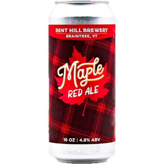 Stowe Public House & Bottle Shop Bent Hill Brewery Maple Red Ale can with red plaid and maple leaf design. 16 oz, 4.8% ABV.