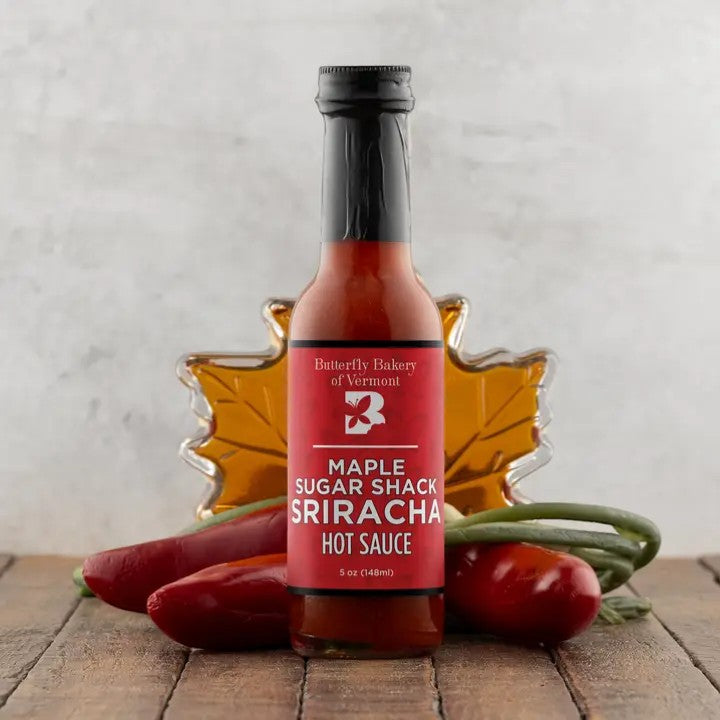 Stowe Public House & Bottle Shop Maple Sugar Shack Sriracha Hot Sauce, a blend of maple syrup, jalapeños, and garlic scapes.