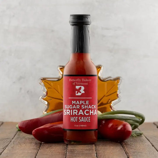 Stowe Public House & Bottle Shop Maple Sugar Shack Sriracha Hot Sauce, a blend of maple syrup, jalapeños, and garlic scapes.