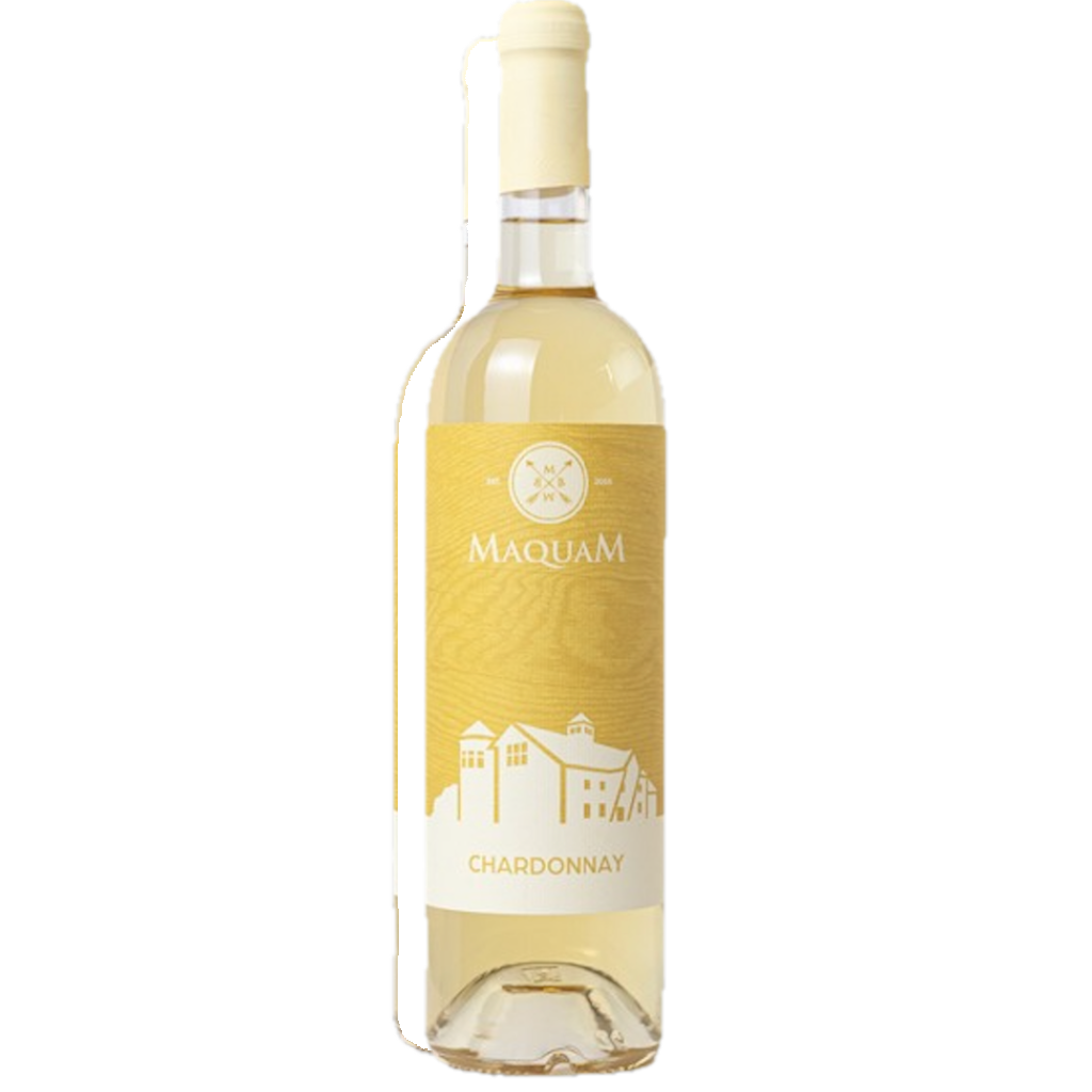 Stowe Public House & Bottle Shop Maquam Chardonnay white wine bottle with yellow label featuring a vineyard scene and text.