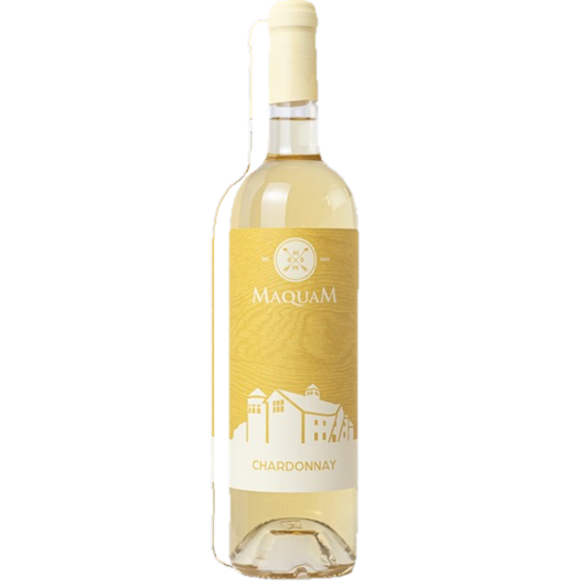 Stowe Public House & Bottle Shop Maquam Chardonnay white wine bottle with yellow label featuring a vineyard scene and text.