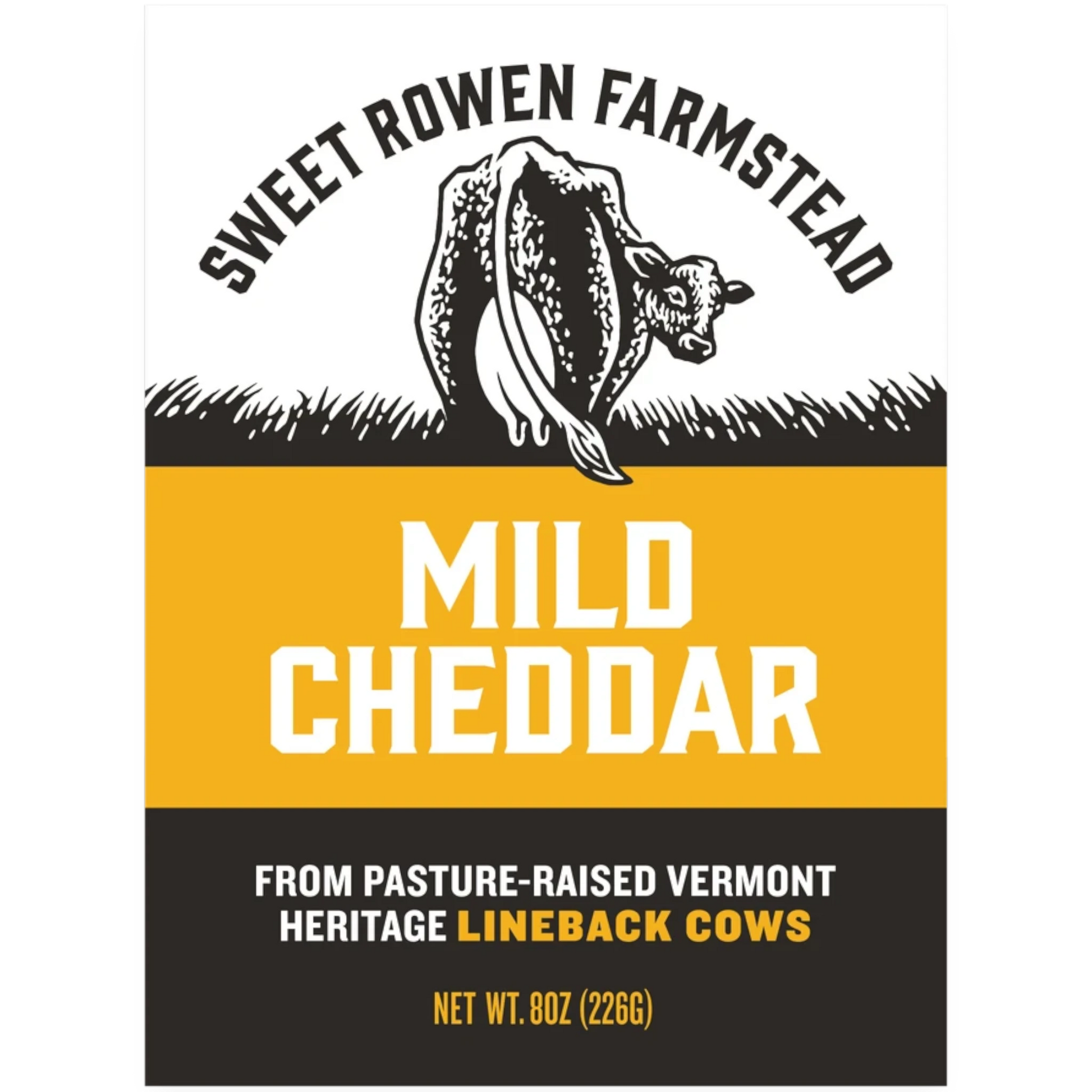 Sweet Rowen Farmstead Mild Cheddar Cheese, made from grass-fed Lineback cows. Aged 6-12 months for a smooth, buttery flavor.