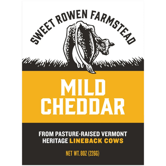 Sweet Rowen Farmstead Mild Cheddar Cheese, made from grass-fed Lineback cows. Aged 6-12 months for a smooth, buttery flavor.