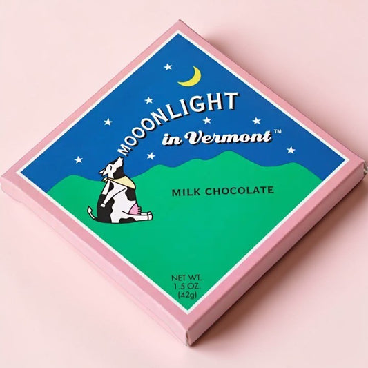 Stowe Public House & Bottle Shop Moonlight in Vermont milk chocolate bar with cow illustration. 38% cacao.