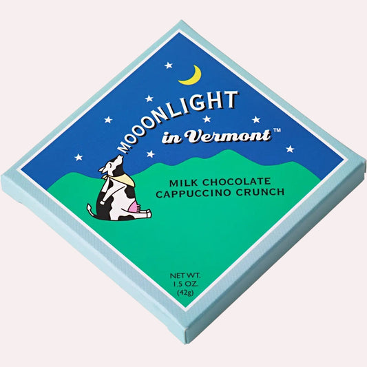 Stowe Public House & Bottle Shop Moonlight in Vermont Milk Chocolate Cappuccino Crunch bar with cow illustration.