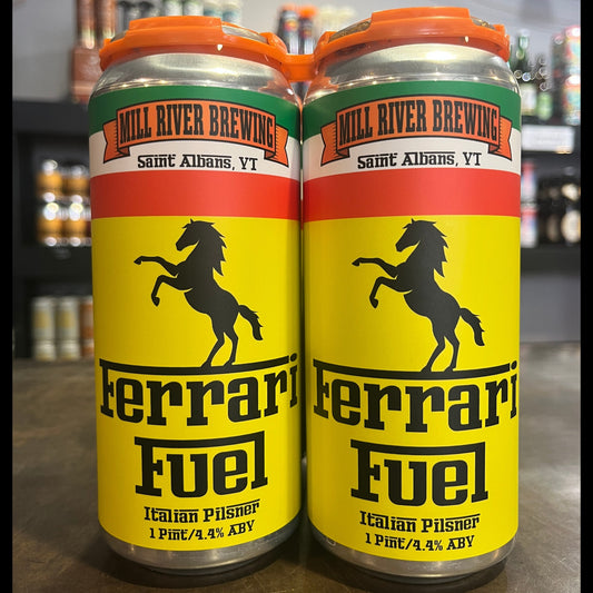 Stowe Public House & Bottle Shop Mill River Brewing Ferrari Fuel Italian Pilsner cans with yellow background and black horse graphic.