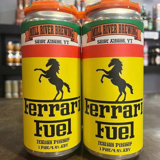 Stowe Public House & Bottle Shop Mill River Brewing Ferrari Fuel Italian Pilsner cans with yellow background and black horse graphic.