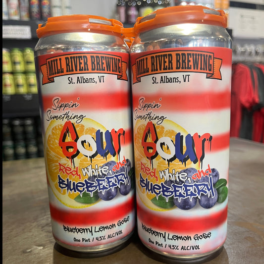 Stowe Public House & Bottle Shop Mill River Brewing Red White and Blueberry Sour ale can. Blueberry Lemon Gose.