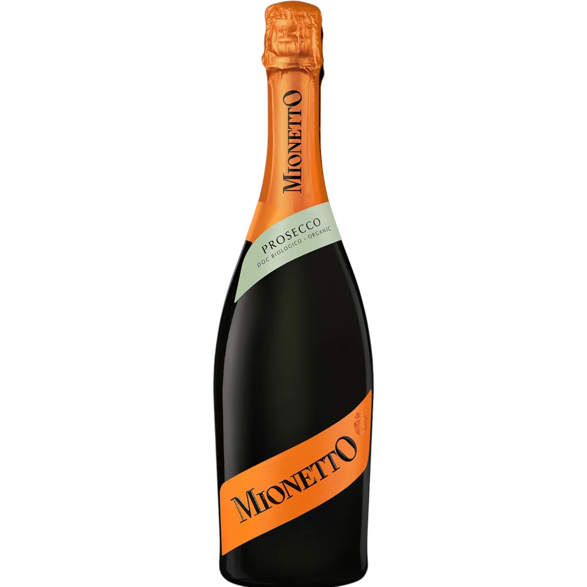 Stowe Public House & Bottle Shop Mionetto Prestige Prosecco Organic DOC bottle with orange foil and label, crisp and refreshing extra dry taste.