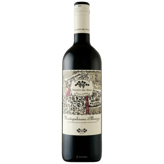 Stowe Public House & Bottle Shop Vigneti del Sole Montepulciano d'Abruzzo red wine bottle with a cream label featuring a map illustration.