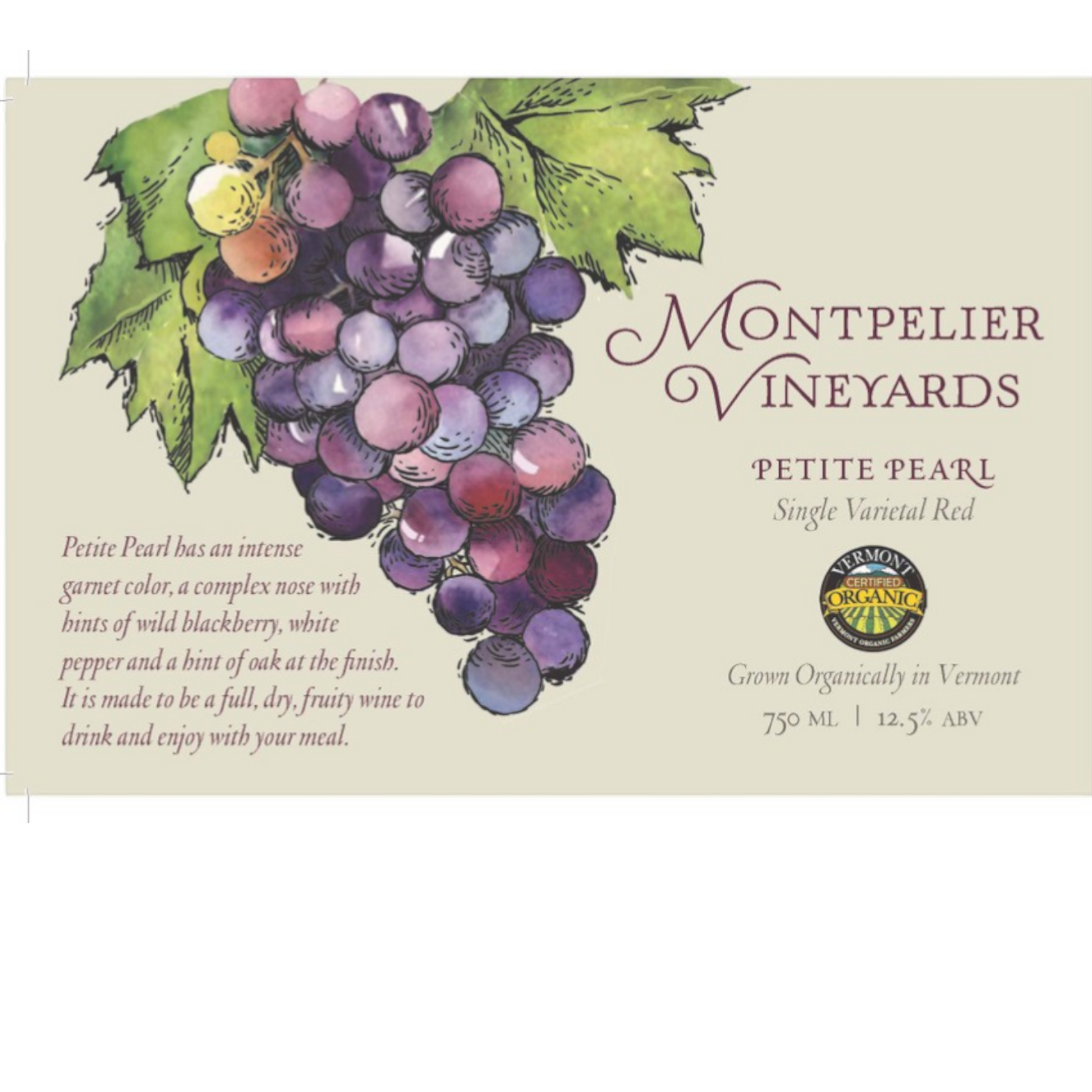 Stowe Public House & Bottle Shop Montpelier Vineyards Petite Pearl single varietal red wine with garnet color and blackberry notes.