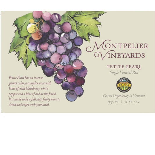 Stowe Public House & Bottle Shop Montpelier Vineyards Petite Pearl single varietal red wine with garnet color and blackberry notes.
