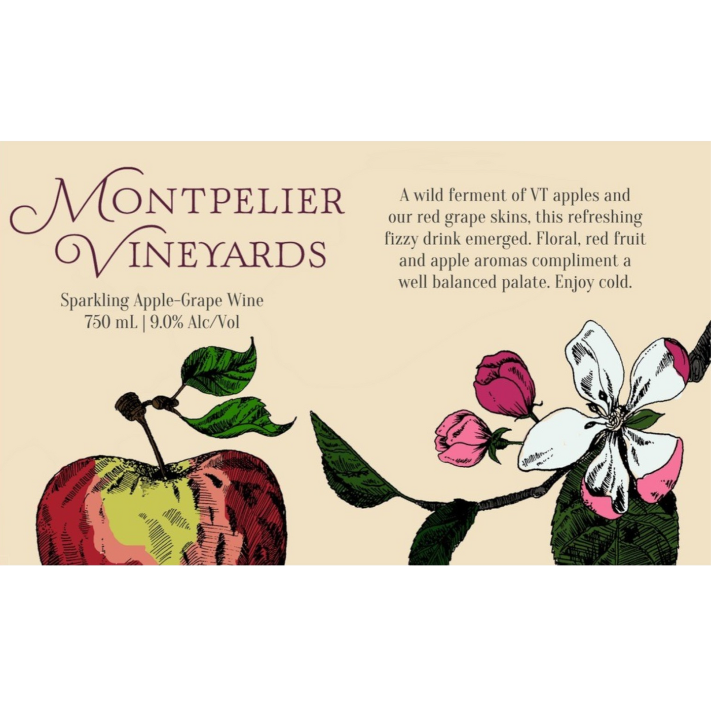 Stowe Public House & Bottle Shop: Montpelier Vineyards sparkling red apple-grape wine, 750ml, 9.0% Alc/Vol. Features apple and floral notes.