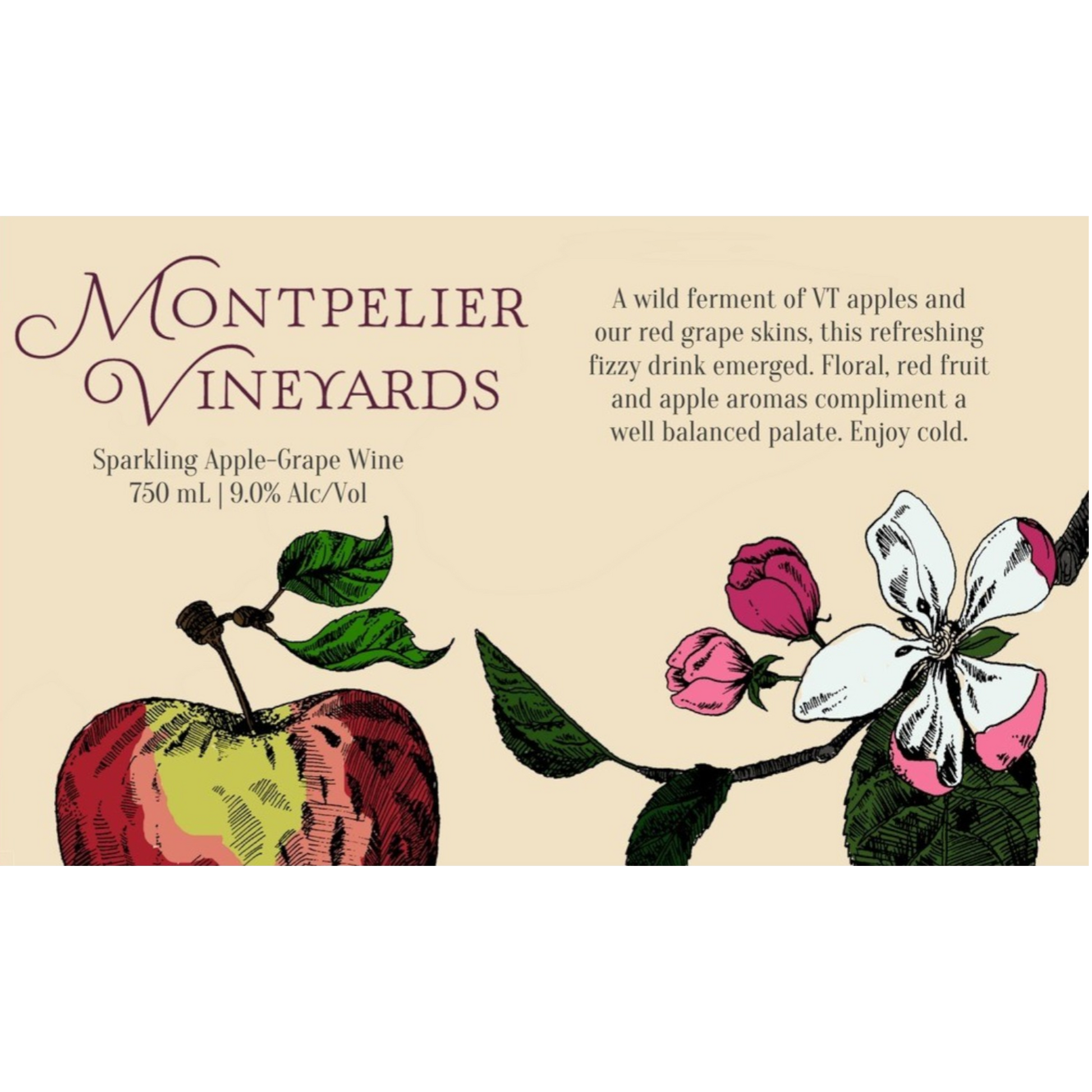 Stowe Public House & Bottle Shop: Montpelier Vineyards sparkling red apple-grape wine, 750ml, 9.0% Alc/Vol. Features apple and floral notes.