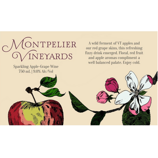 Stowe Public House & Bottle Shop: Montpelier Vineyards sparkling red apple-grape wine, 750ml, 9.0% Alc/Vol. Features apple and floral notes.