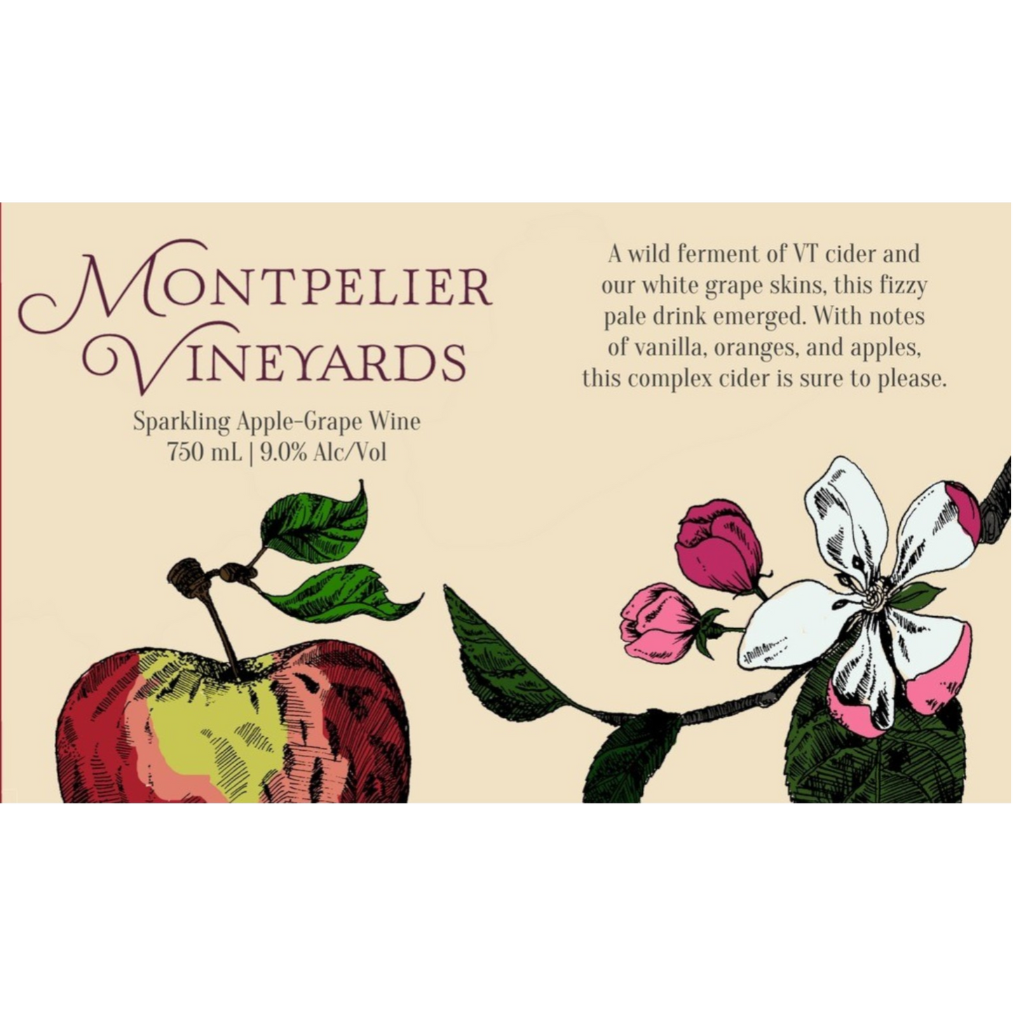 Stowe Public House & Bottle Shop: Montpelier Vineyards sparkling apple-grape wine with apple and floral illustrations.