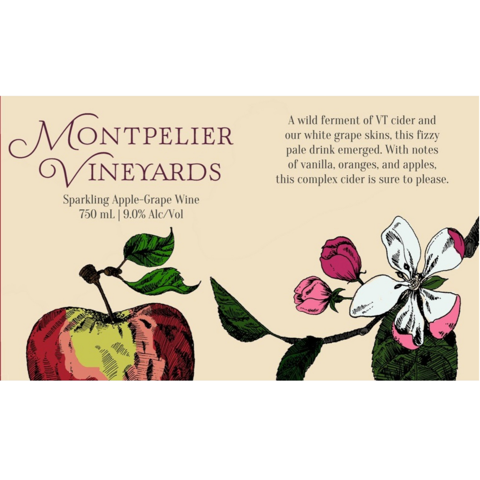Stowe Public House & Bottle Shop: Montpelier Vineyards sparkling apple-grape wine with apple and floral illustrations.