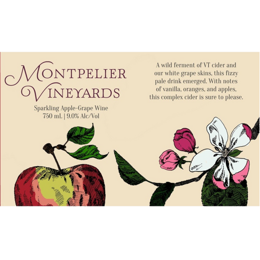 Stowe Public House & Bottle Shop: Montpelier Vineyards sparkling apple-grape wine with apple and floral illustrations.