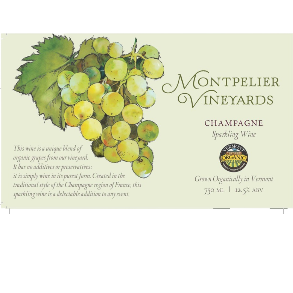Stowe Public House & Bottle Shop Montpelier Vineyards white champagne sparkling wine with organic grapes illustration.