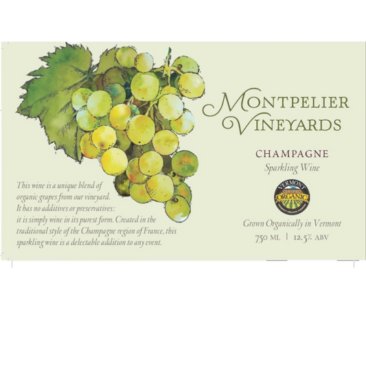 Stowe Public House & Bottle Shop Montpelier Vineyards white champagne sparkling wine with organic grapes illustration.