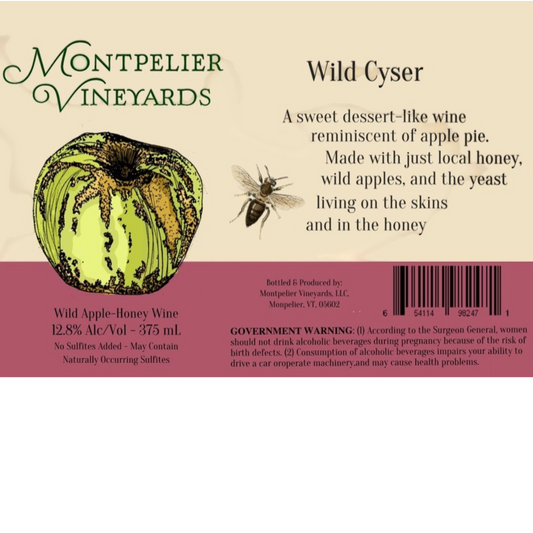 Stowe Public House & Bottle Shop: Montpelier Vineyards Wild Cyser, a sweet apple-honey wine with a bee illustration.