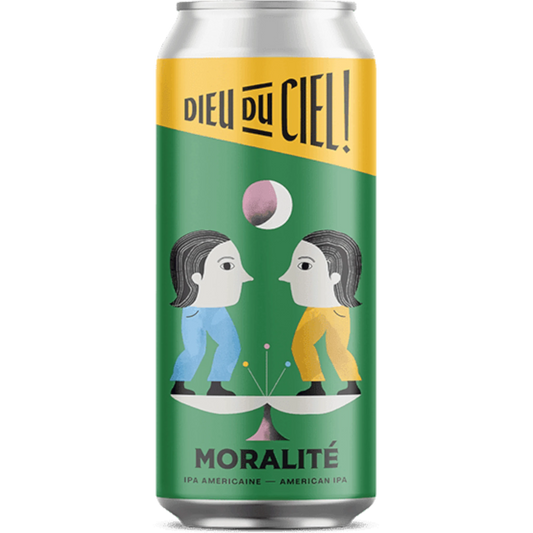 Stowe Public House & Bottle Shop Dieu du Ciel! Moralité American IPA can with green and yellow design featuring two figures on a scale.