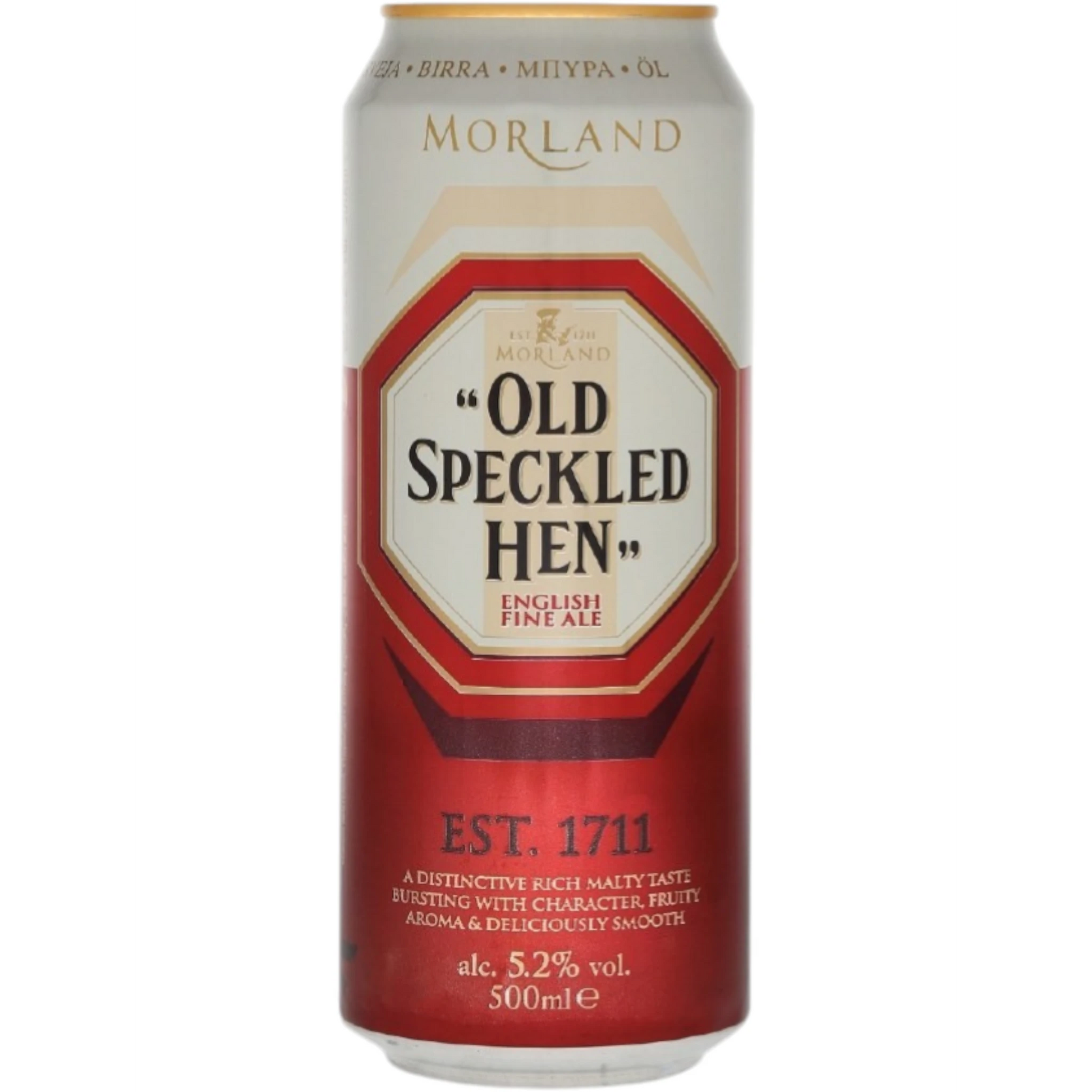 Stowe Public House & Bottle Shop: Morland Old Speckled Hen English Fine Ale can, 5.2% ABV, 500ml. Rich amber color, malty taste, fruity aromas.