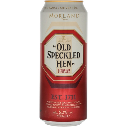 Stowe Public House & Bottle Shop: Morland Old Speckled Hen English Fine Ale can, 5.2% ABV, 500ml. Rich amber color, malty taste, fruity aromas.
