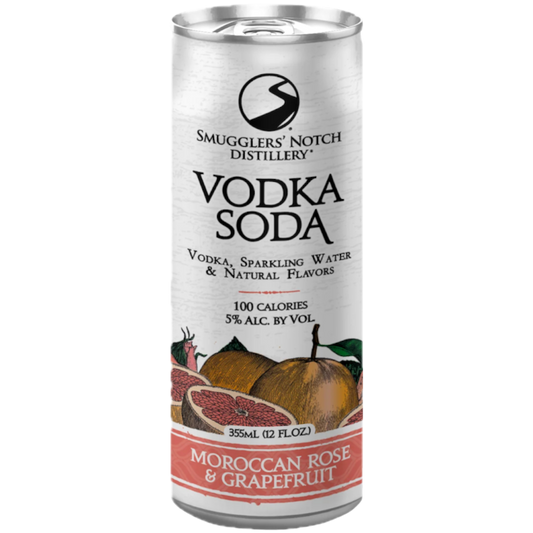 Stowe Public House & Bottle Shop Smugglers' Notch Moroccan Rose & Grapefruit Vodka Soda can. Features grapefruit slices and whole grapefruits.