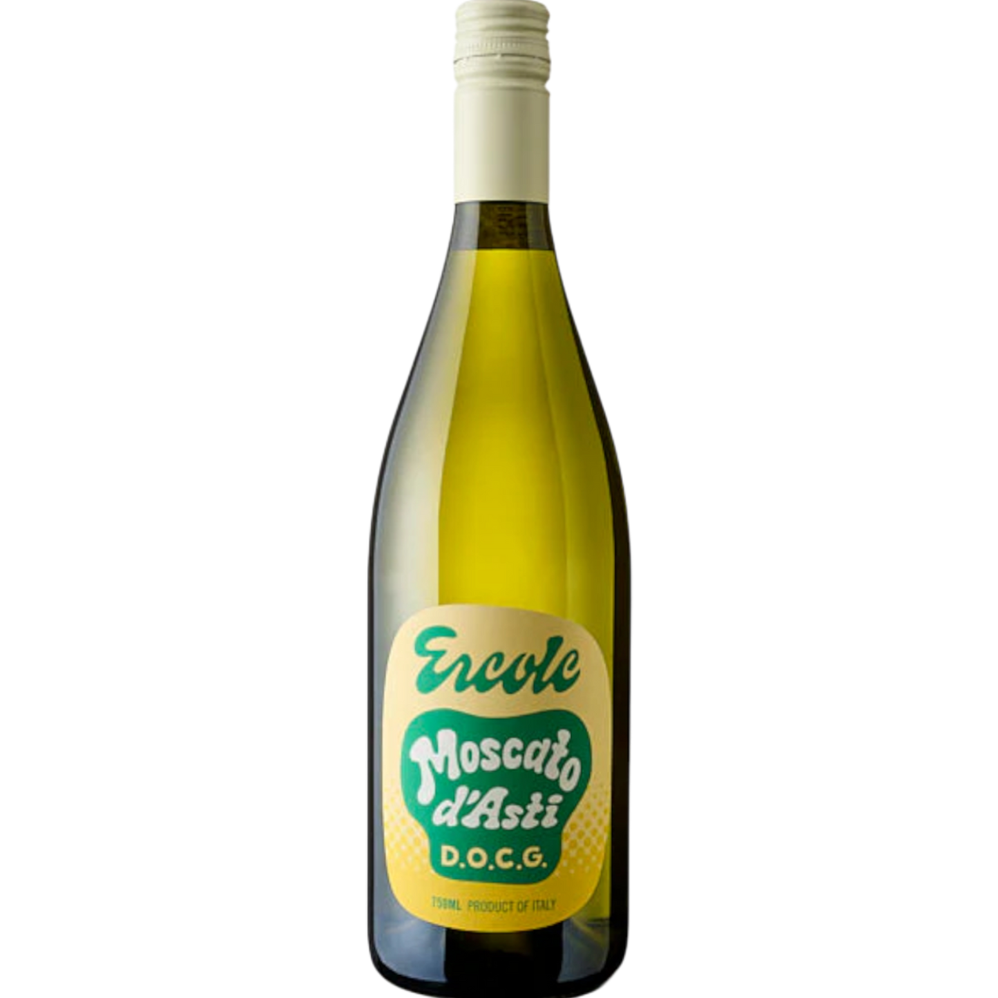 Stowe Public House & Bottle Shop Ercole Moscato d'Asti DOCG white wine bottle. Light yellow wine with a cream-colored cap.