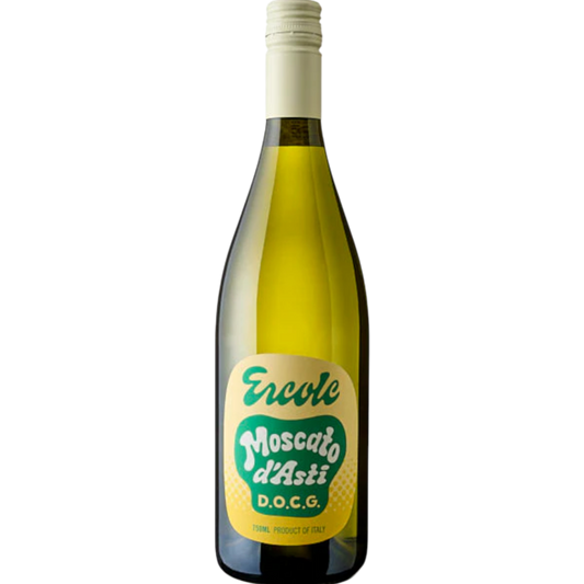 Stowe Public House & Bottle Shop Ercole Moscato d'Asti DOCG white wine bottle. Light yellow wine with a cream-colored cap.