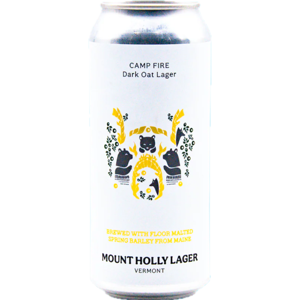 Stowe Public House & Bottle Shop Mount Holly Camp Fire Dark Oat Lager can. Features a white label with black and yellow graphics of bears and foliage.