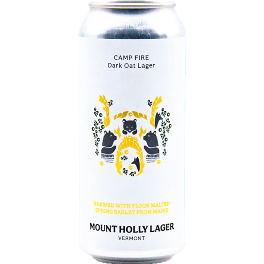 Stowe Public House & Bottle Shop Mount Holly Camp Fire Dark Oat Lager can. Features a white label with black and yellow graphics of bears and foliage.