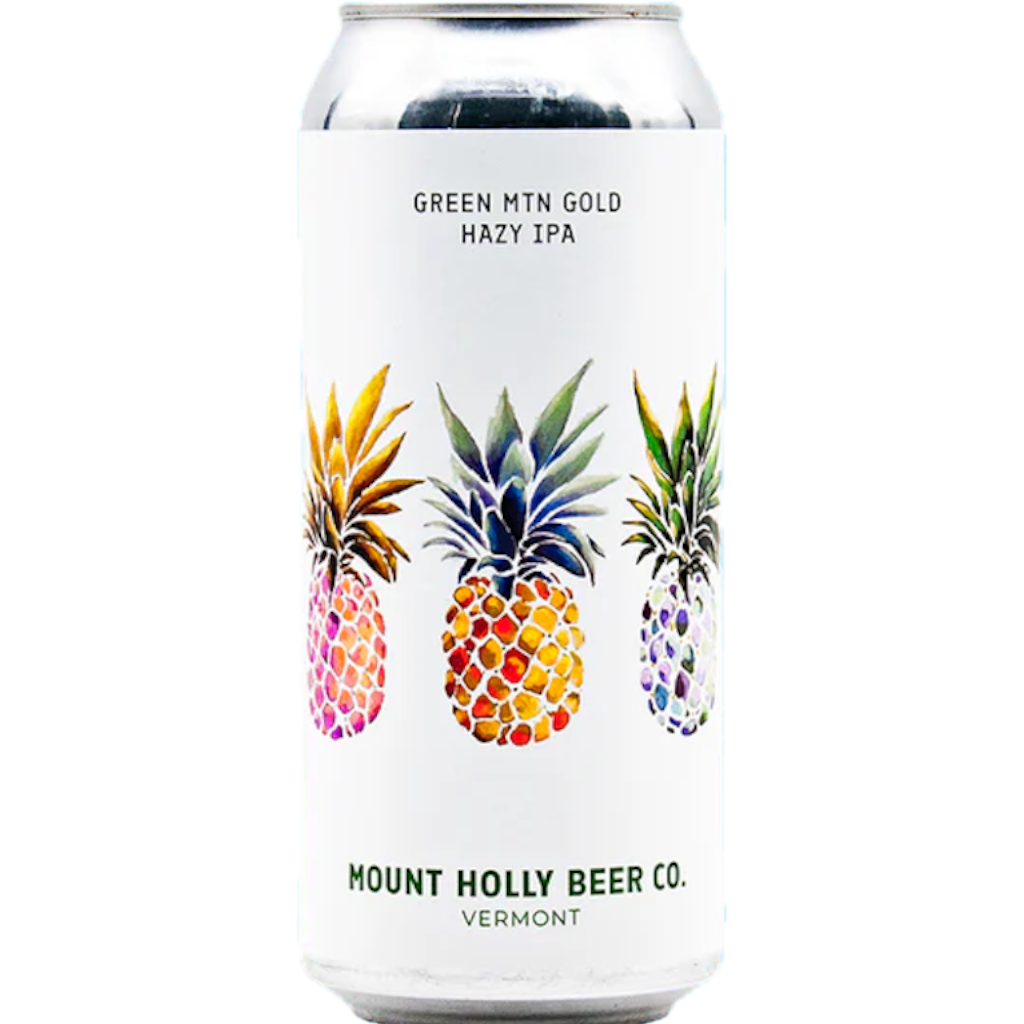 Stowe Public House Green Mountain Gold Hazy IPA beer can with pineapple art. Notes of tropical fruit, citrus, and white grape.