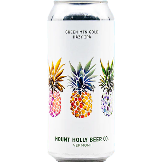 Stowe Public House Green Mountain Gold Hazy IPA beer can with pineapple art. Notes of tropical fruit, citrus, and white grape.